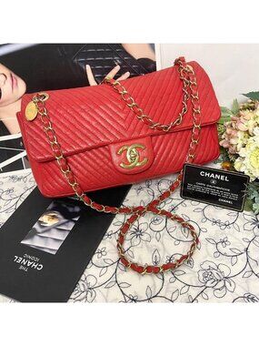 Chanel Double Flap Chevron Stitch Red Shoulder Bag